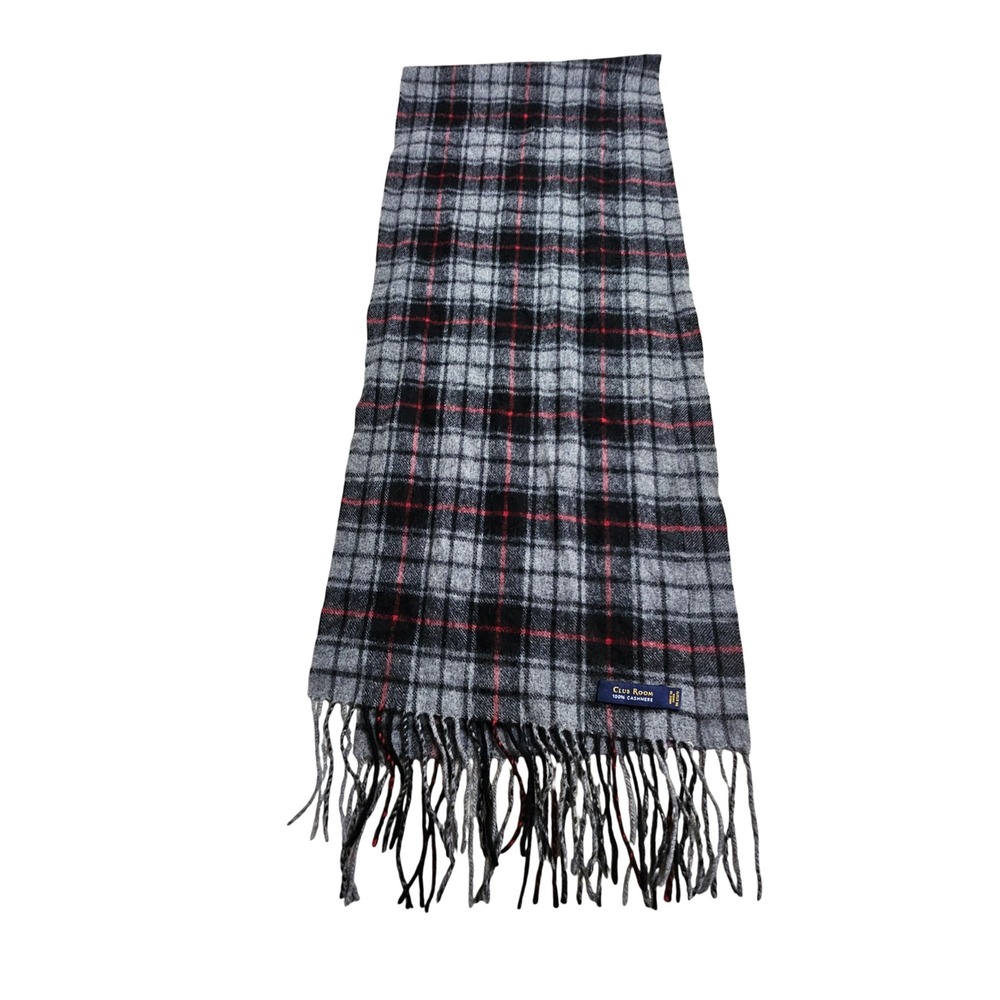 Club Room Scarf Grey Black Red Plaid 100% Cashmere Fringe Trim Classic Luxury